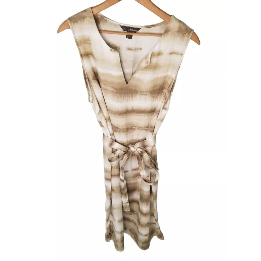 Tommy Bahama Cream and Taupe Sleeveless Belted Shift Dress